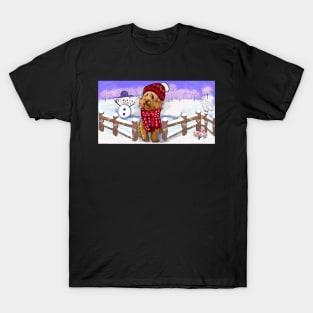 Cavoodle in festive red winter hat and scarf- cute cavalier king charles spaniel snug in a snowflake themed scarf T-Shirt